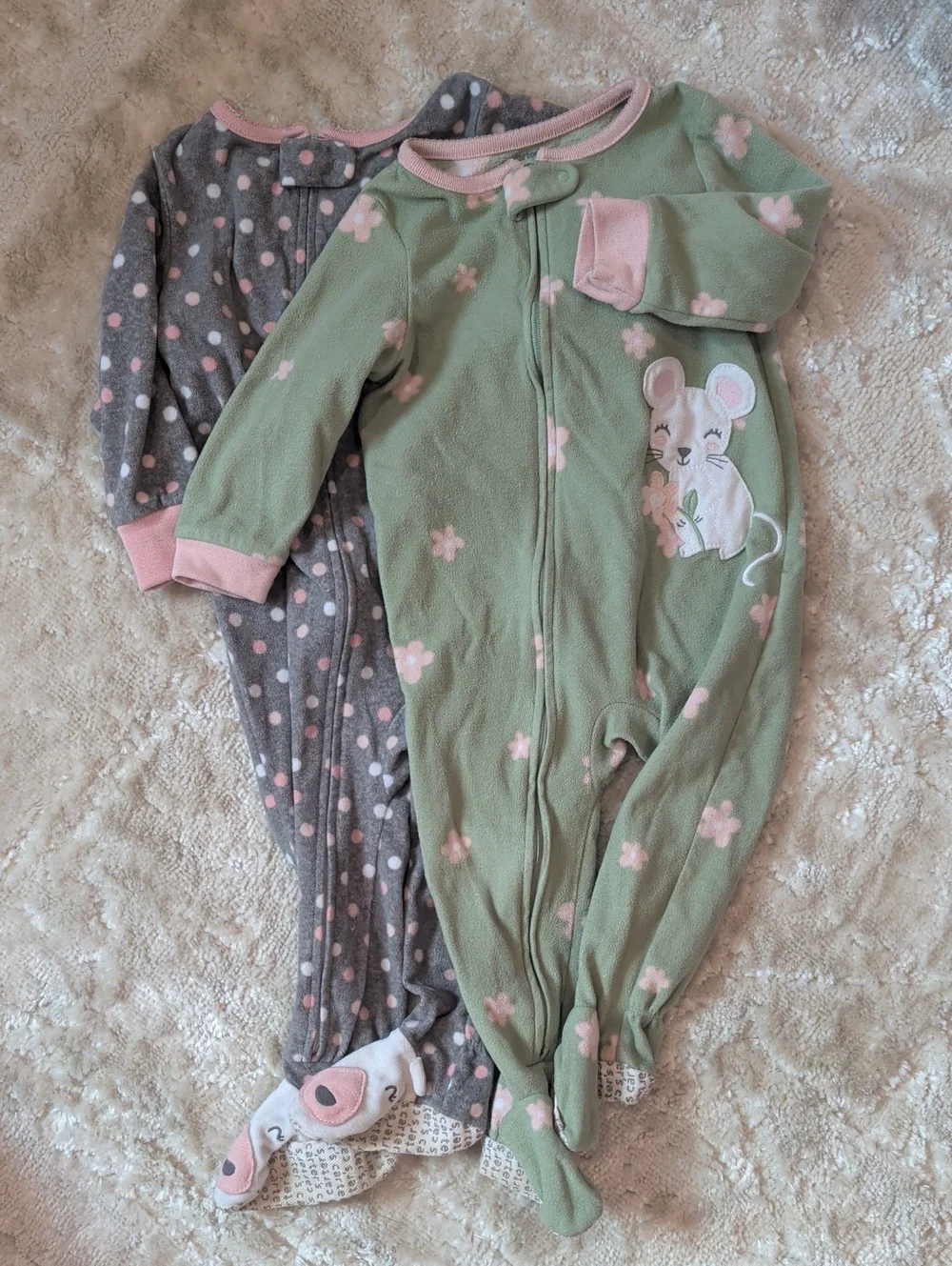 Carter's Green & Gray Footed One-Piece Sleepers with Pink Accents Set Of 2